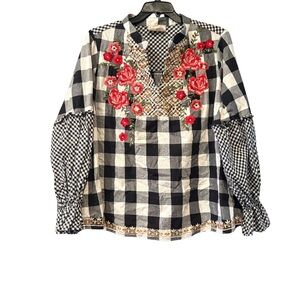 Savanna Jane $68 Embroidered Floral Gingham Plaid Boho Top 3X 100% cotton